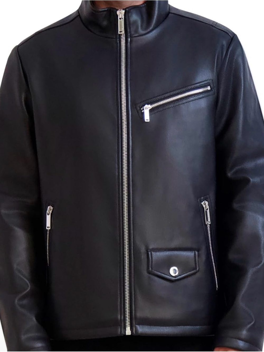 Karl Lagerfeld Paris Black Leather Bomber Jacket with Silver Zippers